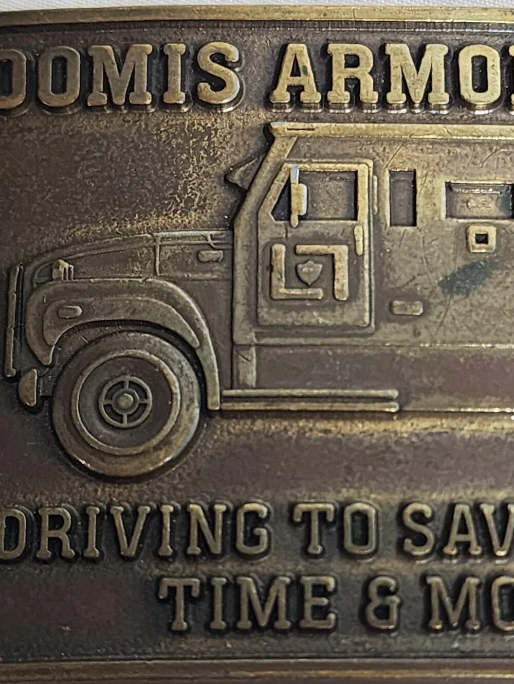 Vintage Brass Belt Buckle Loomis Armored Trucks 1970's Made In USA Retro